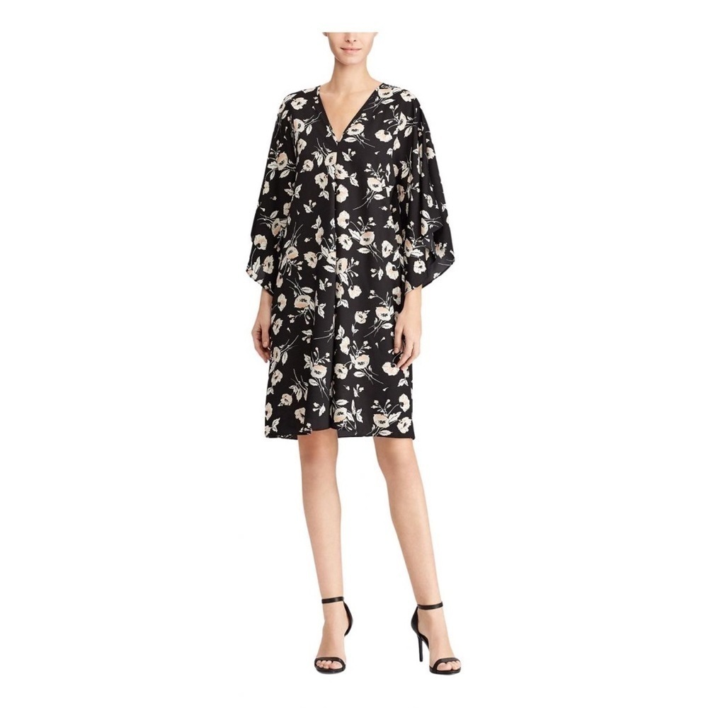 Lauren Ralph Lauren Womens Braedyn Black Floral Daytime Party Dress Size Medium